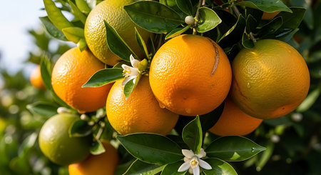 Oranges on the tree with leaves and flowers in the garden.の素材