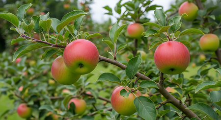 Ripe apples on a tree branch in an orchard in summerの素材