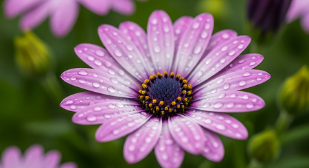 Close up of a beautiful purple daisy flower with water dropletsの素材