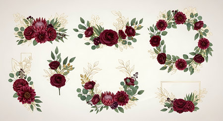 Set of vintage floral frames with red roses and eucalyptus branchesの素材