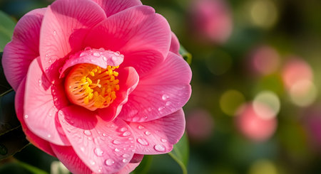 Beautiful pink camellia flower with water drops on petalsの素材