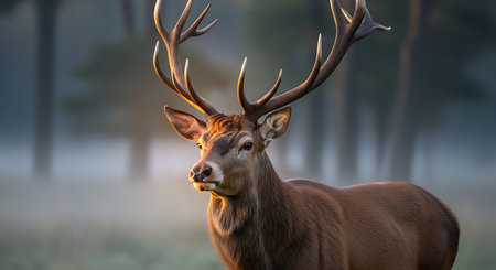 Majestic red deer stag with antlers in the morning mist.の素材