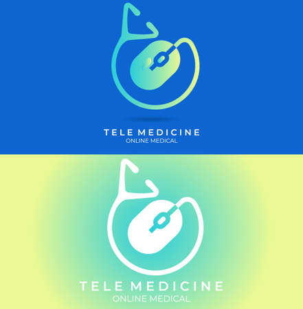 Doctor online virtual services logo design vector. Consultation to doctors Online browser PC Mouse illustration symbol. Tele medicine service vector logo. Stethoscope and signal vector icons.のイラスト素材