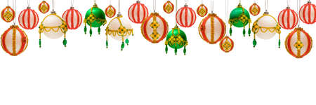 Handmade Christmas balls decorated with beads hang on a white background. Triple photo.の写真素材