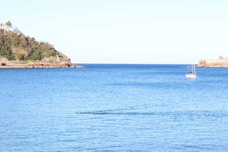 beautiful view of island,boat and blue seaの写真素材