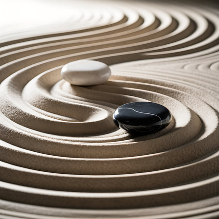 zen garden meditation stone with shallow depth of field and focus on black stoneの素材