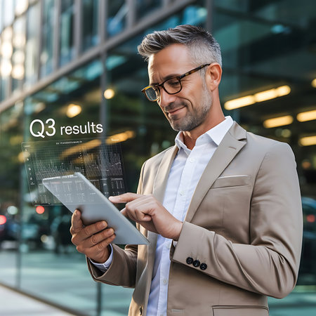 businessman in eyeglasses using tablet with e-business textの素材