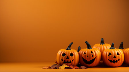 Halloween pumpkin decorations on a yellow-orange background with copy space. Generative AI.の素材