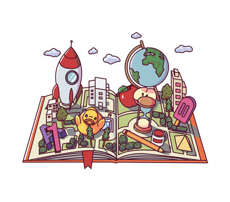 illustration of imagination reading a book. Ilustration for web banner, book cover, etc . Vector isometric illustration.のイラスト素材