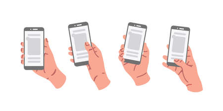 Hands holding mobile phones set. Fingers touching, tapping, scrolling smartphone screens, using applications. Flat vector illustrations isolated on white backgroundのイラスト素材