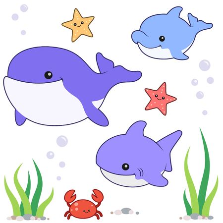 Cute Ocean Animals Vector Set on Whiteのイラスト素材