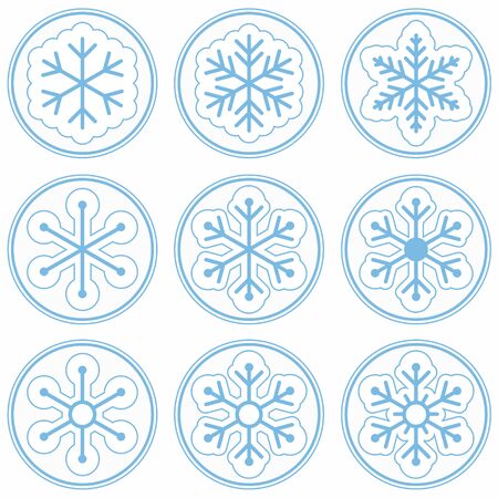 Blue Snowflake Vector Sticker Set of 9 on Whiteのイラスト素材
