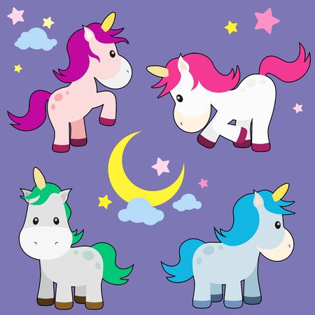 Cute Unicorn Vector Illustration Setのイラスト素材