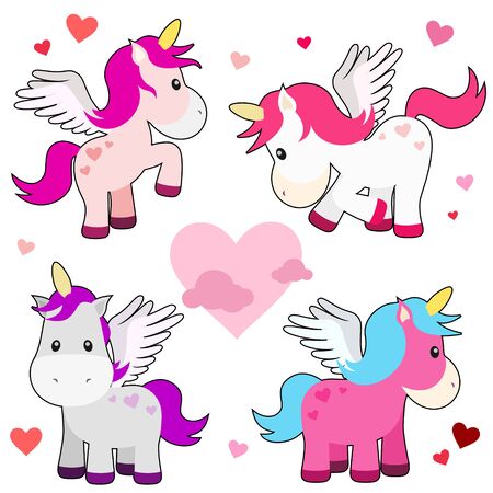 Cute Valentines Unicorn Set on Whiteのイラスト素材