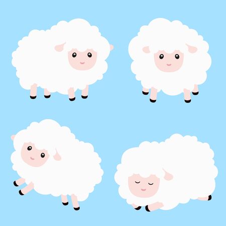 Cute Sheep Cartoon Vector Set on Blueのイラスト素材
