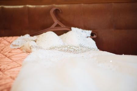 Wedding dress waiting bride. Exquisite lace details.の写真素材
