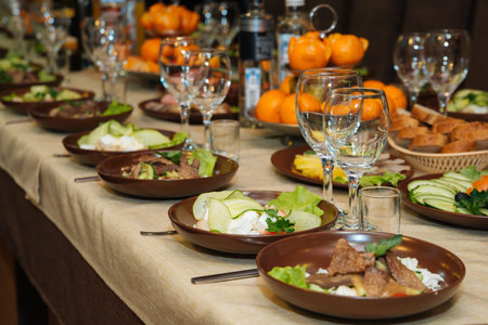Beautifully decorated catering banquet table with different food