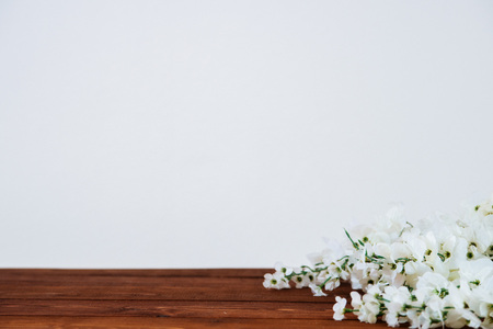Flowers on a wooden table with a white backgroundの写真素材