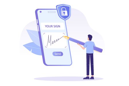 Digital signature concept. Business man signing on smartphone screen. Signing of contract on digital. E-signature. Business or electronic contract. Isolated modern vector illustration for web, posterのイラスト素材