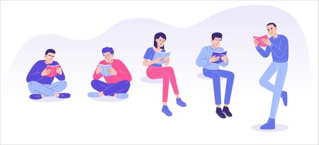 People or students reading books set. Studying or preparing for examinations. Literature fans or lovers concept. Book festival, fair or students education. Vector character illustrationのイラスト素材
