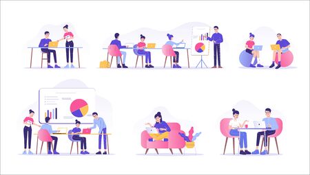 Business people working together character illustration set or collection. Businessman and businesswoman working, discussing and meeting in coworking place or office. Isolated vector illustrationのイラスト素材