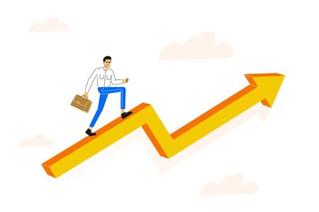Business concept. Young business man climbing up on an arrow to his goal. Career rise to success metaphor. Moving up motivation. Business growth analysis. Vector illustration.のイラスト素材