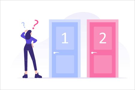 Confused woman standing near two doors. Difficult choice between two options. Decide dilemma. Solve problem. Alternatives or opportunities. Making decision concept. Choose pathway. Vector illustrationのイラスト素材
