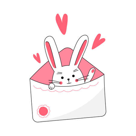 Cute lovely sweet rabbit popping out from envelope and greeting, celebrating Valentine's Day. Isolated vector illustrationのイラスト素材