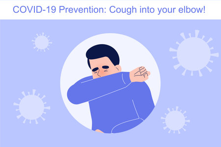 Coronavirus Covid-19 novel prevention concept. Man coughing into his elbow to protect other people from risk. Safety rule to preventing infection in crowd. Infographics vector illustrationのイラスト素材
