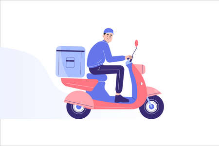 Online delivery and courier service concept. Delivery man riding scooter or moped to deliver packages or food to destination. Online order tracking. Delivery home and office. Vector illustrationのイラスト素材