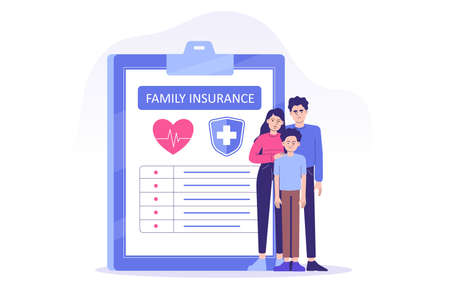 Family Life Insurance concept. Young Family or People having Examination in Hospital Office and filling Medical Document Form. Healthcare. Family protection. Isolated vector illustrationのイラスト素材