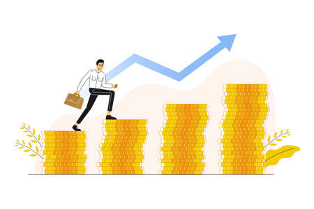 Business concept. Young man running and climbing up to his goal on the stack of coins. Moving up motivation. Money, investment and career growth metaphor. Vector character illustrationのイラスト素材