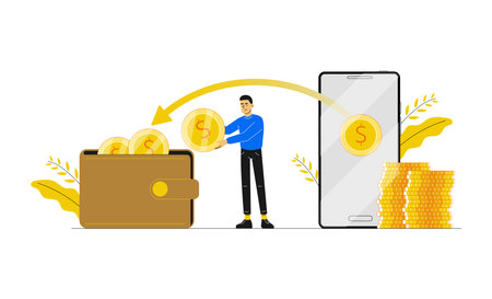 Online banking concept. Young man or guy withdrawing his money from his bank account. Digital...