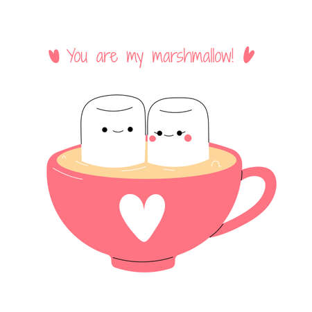 Cute marshmallow couple enjoying in a mug full of cappuccino, celebrating Valentine's Day. Vector illustrationのイラスト素材