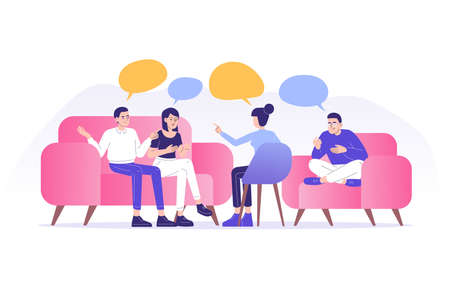 Support mental health medical treatment concept. Young people counseling with psychologist in psychotherapy session. Group therapy. Psychological counseling services. Isolated vector illustrationのイラスト素材