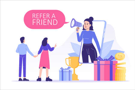 Referral marketing concept. Happy woman with a megaphone invites his friends to referral program, attracts them for money and gifts. Refer A Friend loyalty program. Modern isolated vector illustrationのイラスト素材