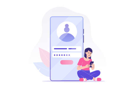 Online registration and sign up concept. Young woman signing up or login to online account on smartphone app. User interface. Secure login and password. Vector illustration for UI, mobile app, webのイラスト素材