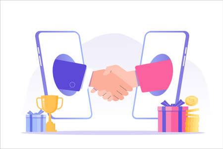 Referral marketing concept. Business people shaking hands in big smartphone. Refer A Friend loyalty program. Social communication, social media marketing. Promotion method. Vector illustrationのイラスト素材