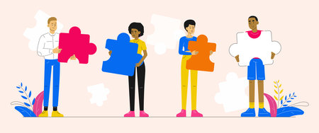 Teamwork. Business concept idea. People holding and connecting different colored puzzle elements. Concept of teamwork, diversity, cooperation, partnership. Vector character illustrationのイラスト素材