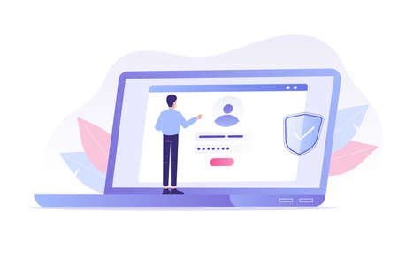 Online registration and sign up concept. Young man signing up or login to online account on laptop. User interface. Secure login and password. Vector illustration template for UI, mobile app, webのイラスト素材
