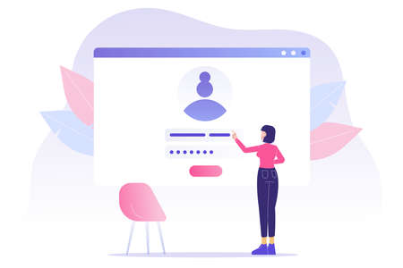 Online registration and sign up concept. Young woman signing up or login to online account with user interface. Secure login and password. Modern vector illustration template for UI, mobile app, webのイラスト素材