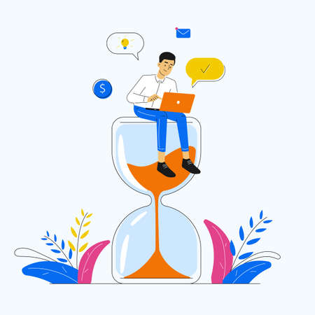 Business concept. Man sitting on an hourglass and working on his laptop, business process icons and plants on background. Multitasking, productivity and time management concept.のイラスト素材