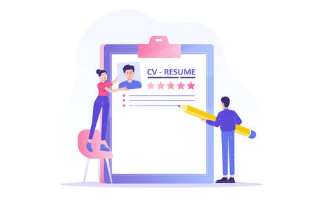 Recruitment or headhunting agency. People creating an ideal resume for job candidate with a good feedback. Concept of recruitment, headhunting and employment. CV application. Vector illustrationのイラスト素材
