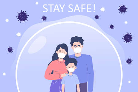 Coronavirus protection poster concept. Young family wearing medical masks standing inside a protective glass bubble. Protected from the COVID-2019 novel. Stay safe. Quarantine.のイラスト素材