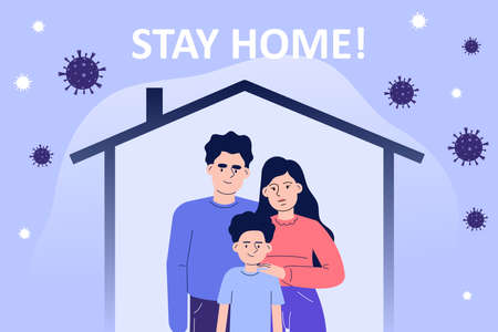 Coronavirus protection poster concept. Young family standing inside a home and isolating from oustside. Protected from the COVID-2019 novel. Stay safe. Quarantine.のイラスト素材