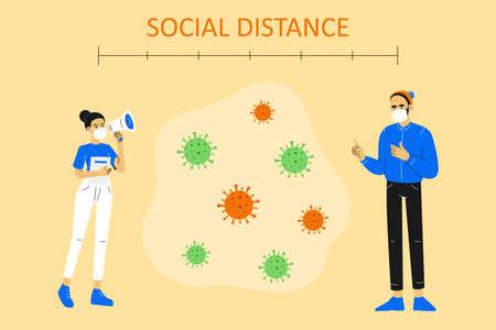 Social distancing concept. COVID-19. Businesswoman and man keeping distance in public and meeting. Protection from coronavirus novel outbreak spreading.のイラスト素材