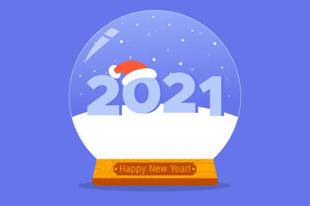 Number 2021 in Snow Globe with santa hat. Christmas and New Year concept. Colorful flat vector illustration for poster, greeting card, web, bannerのイラスト素材