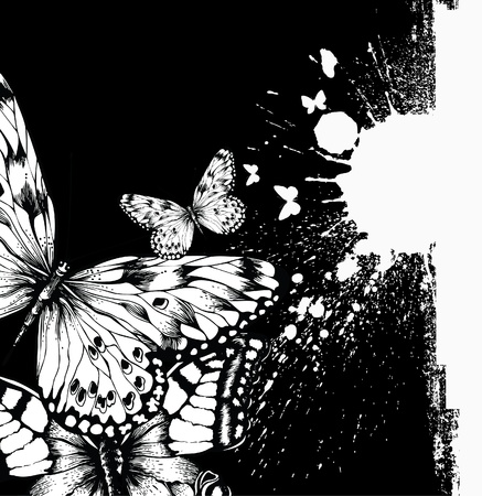 Abstract background with butterflies and ink blots. Vector illustration.のイラスト素材