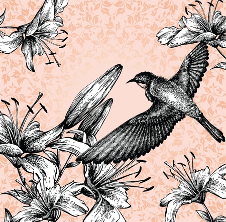 Background with a flying bird and blooming lilies hand drawing. vector.のイラスト素材