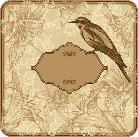 Vintage frame with blooming lilies and birds, hand-drawing.のイラスト素材